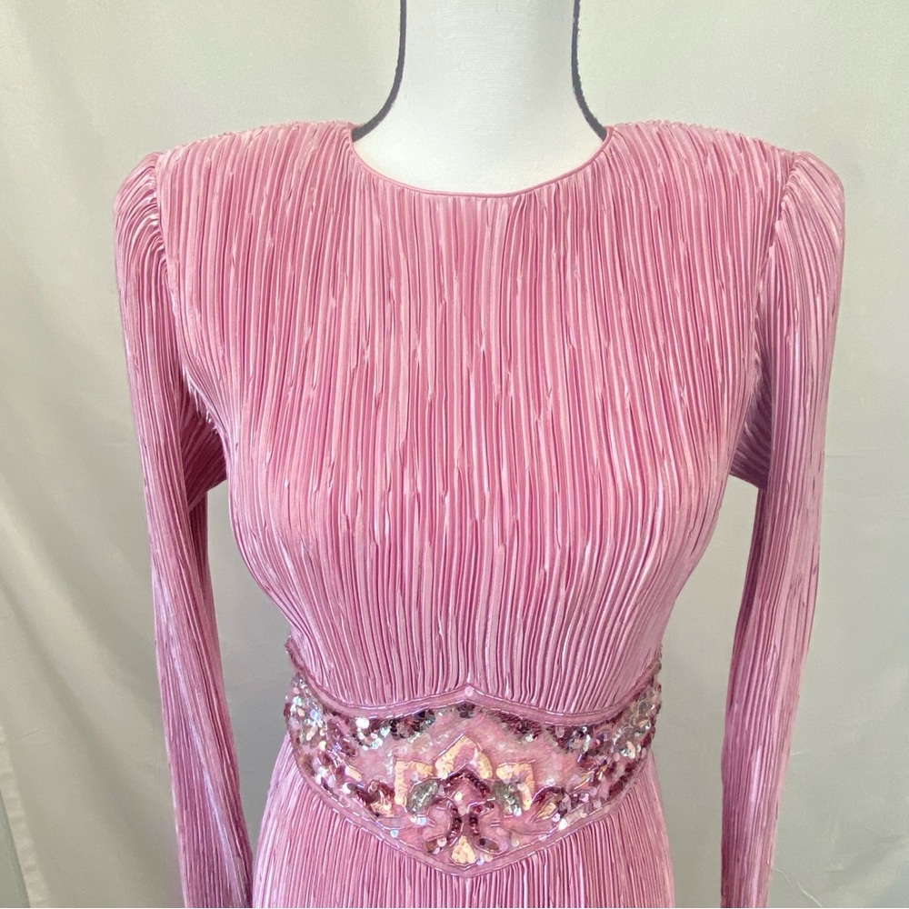 NUIT Vintage 1980s Pink Mauve Micro Pleated Dress Beaded Embellished Waist sz 8 - Picture 13 of 17